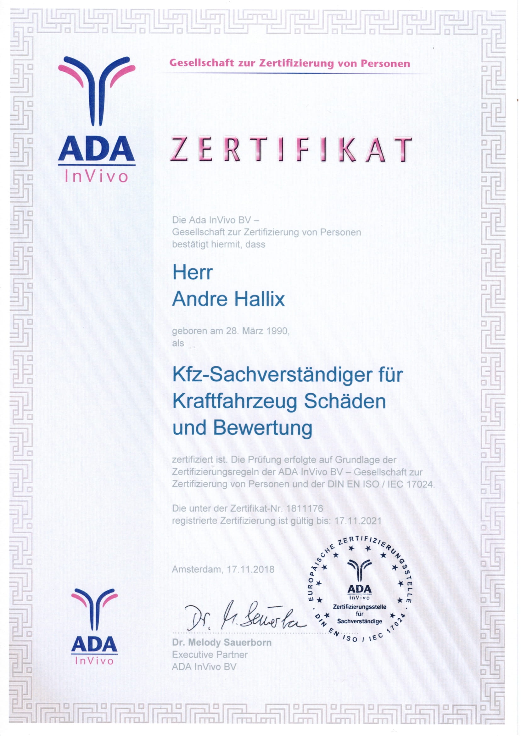 ADA InVivo Zertifikat Andre Hallix