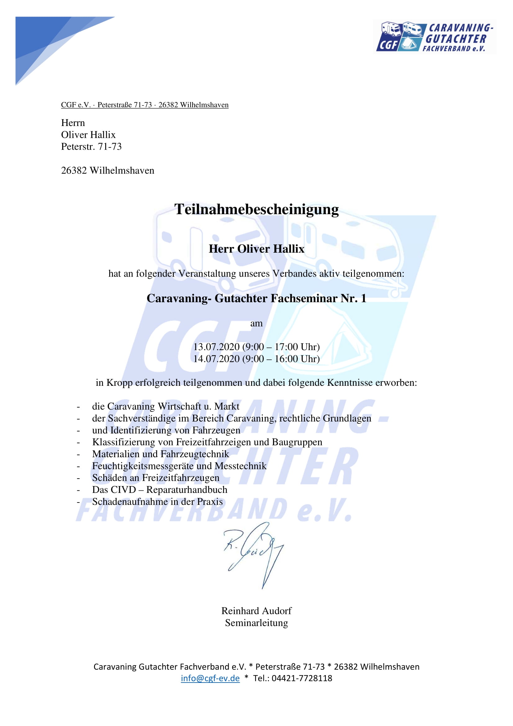 Teilnahmebescheinigung Oliver Hallix - Caravaning Gutachter Fachverband e.V.