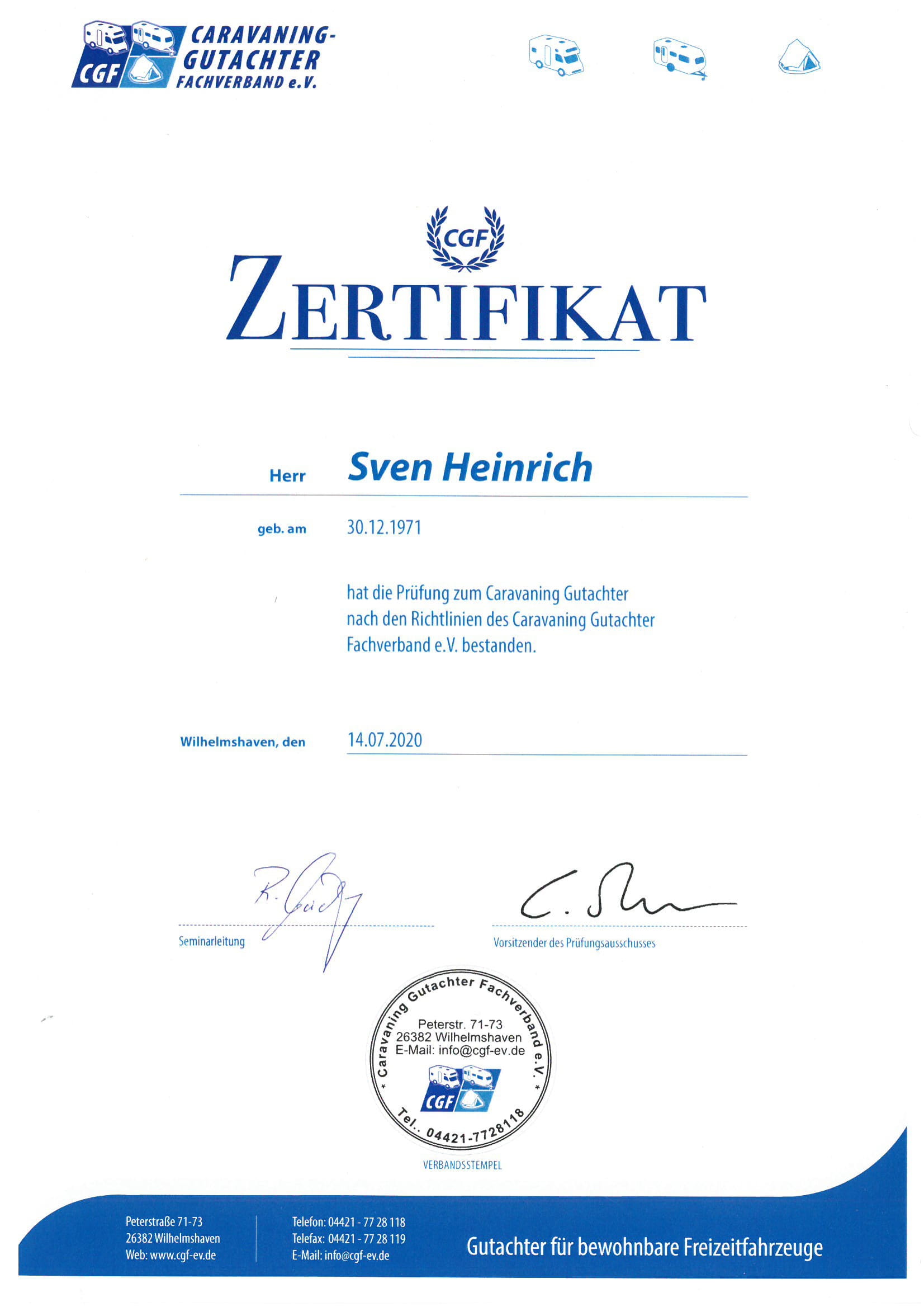 Zertifikat Sven Heinrich - Caravaning Gutachter Fachverband e.V.