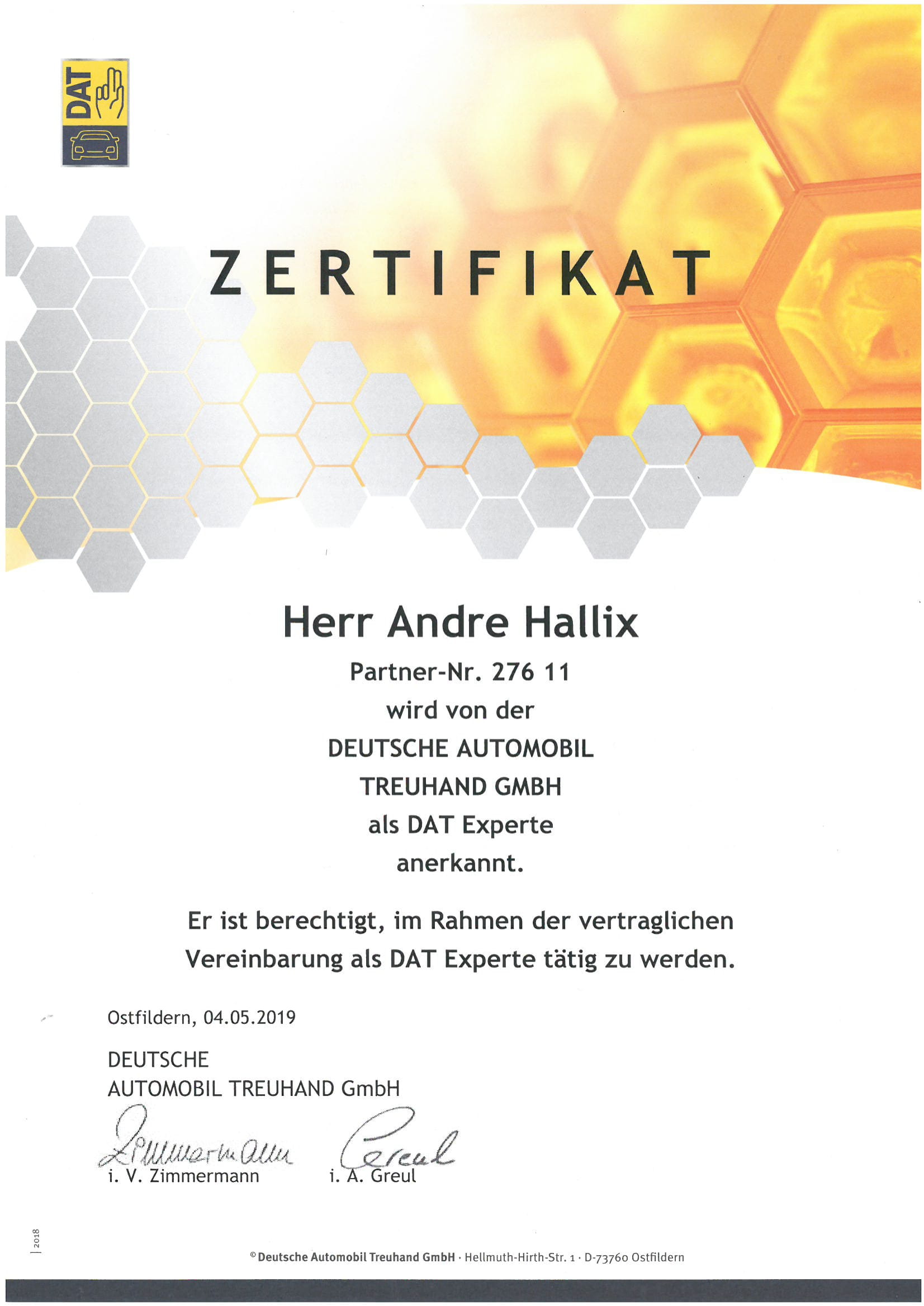 DAT Zertifikat Andre Hallix