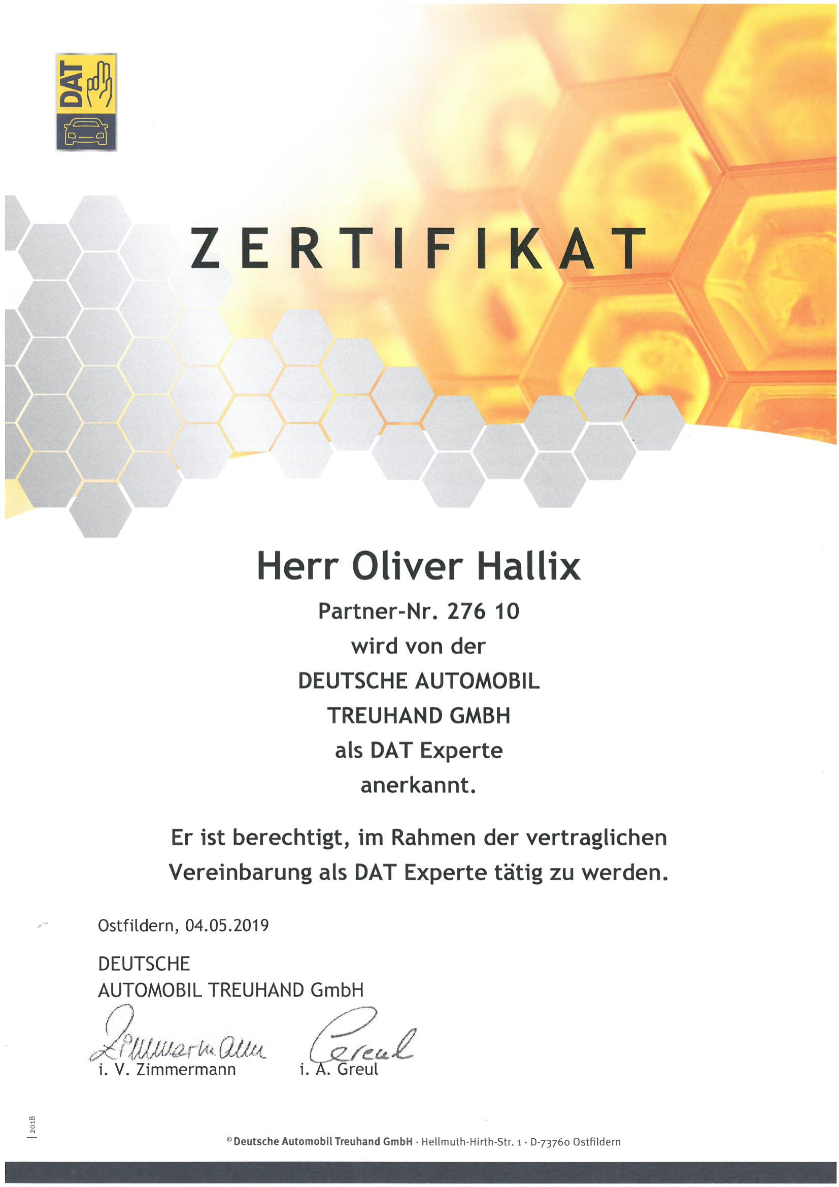 DAT Zertifikat Oliver Hallix