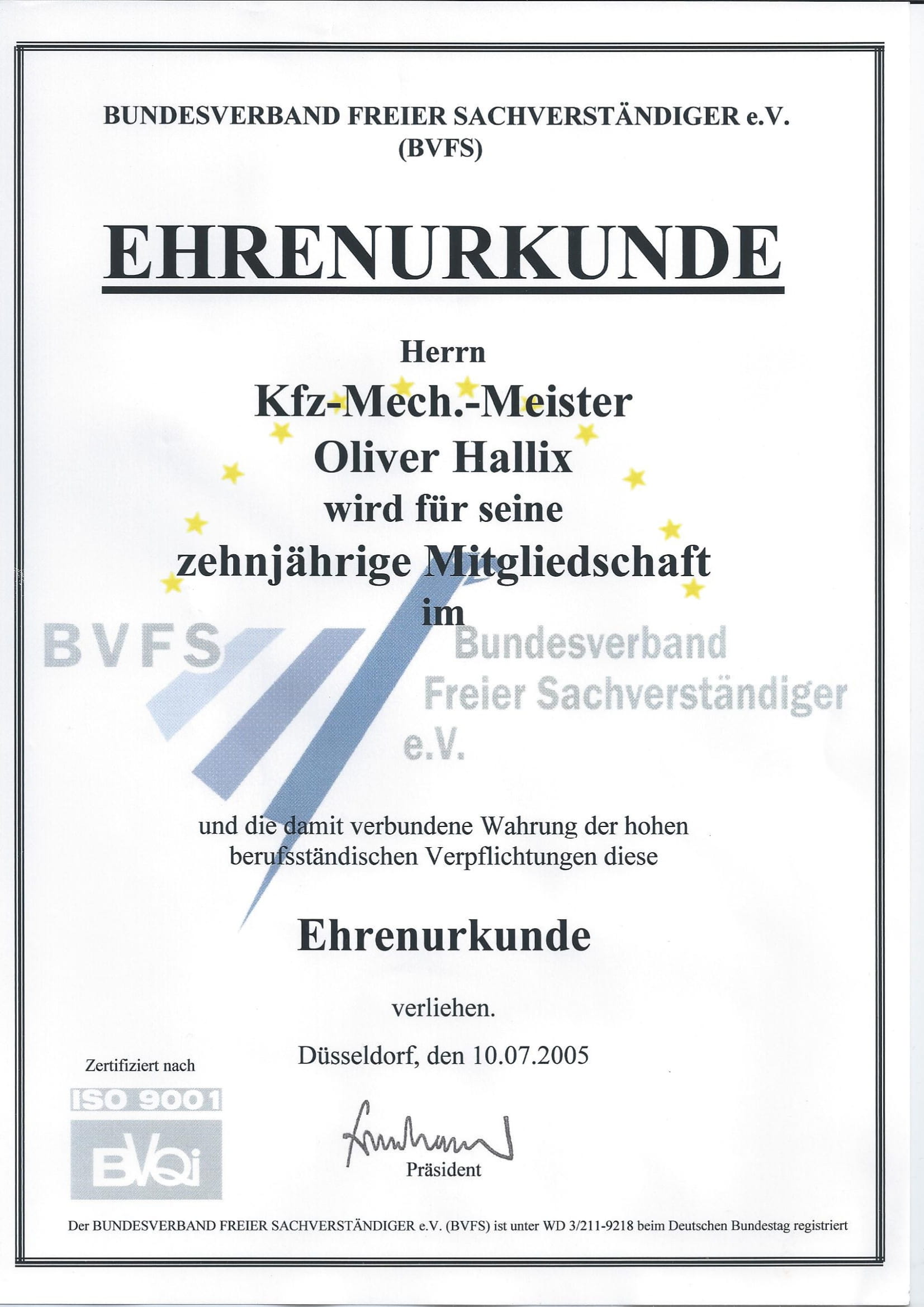 Ehrenurkunde Oliver Hallix 10 jährige Mitgliedschaft BVFS