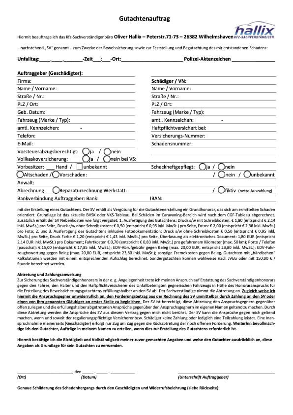 Gutachtenauftrag Kfz Sachverständigenbüro Hallix