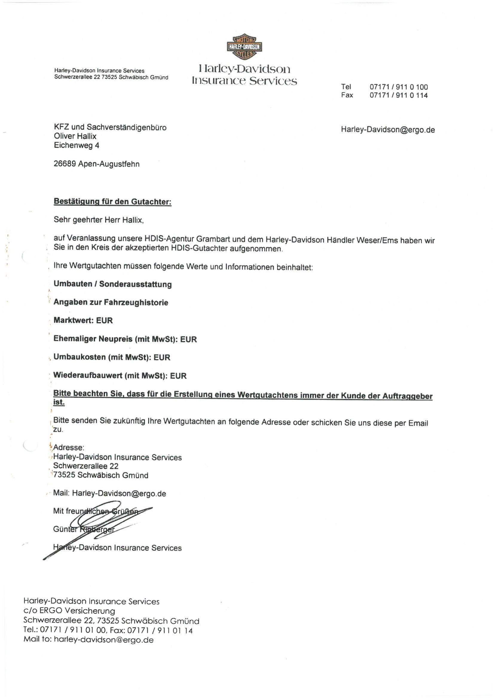 Harley-Davidson Insurance Service Gutachter Bestätigung Oliver Hallix