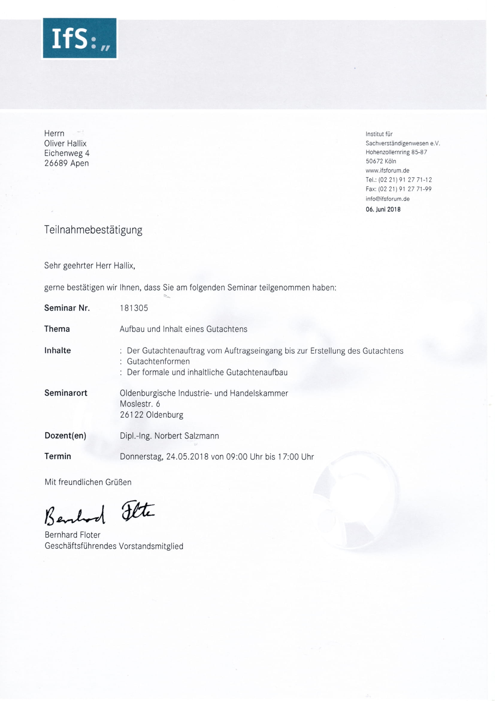 IfS Teilnahmebestätigung Oliver Hallix - Aufbau und Inhalt eines Gutachtens