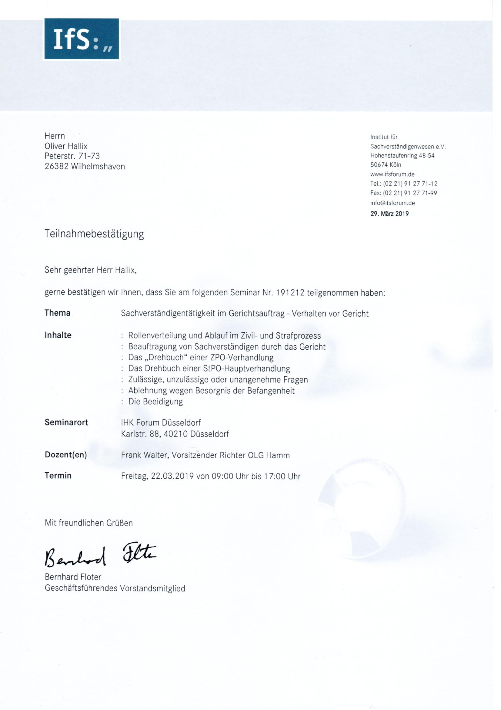 IfS Teilnahmebestätigung Oliver Hallix - Verhalten vor Gericht
