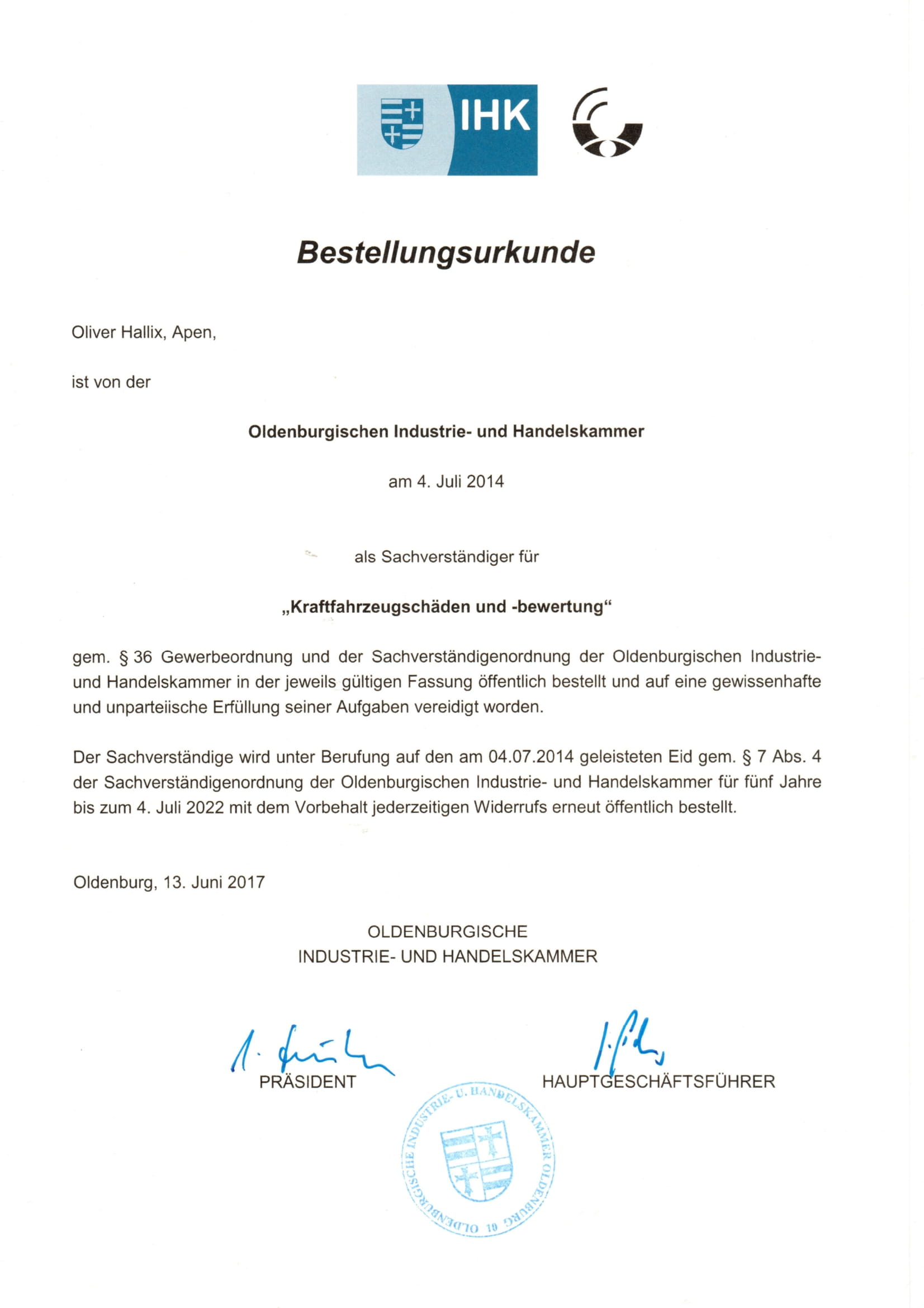 IHK Bestellungsurkunde Sachverständiger