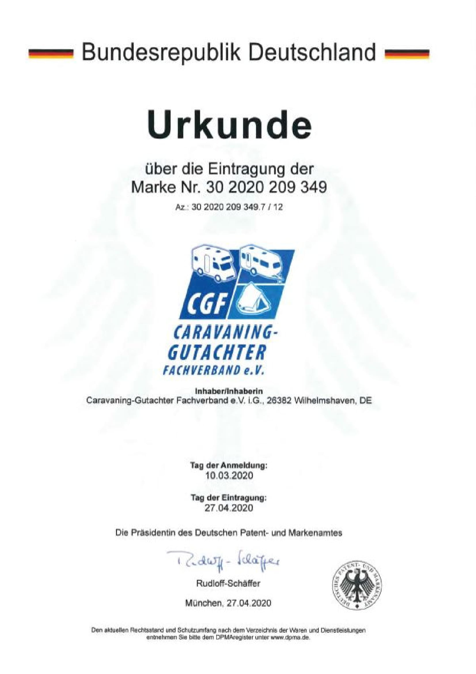 Urkunde Eintragung der Marke Caravaning-Gutachter Fachverband e.V.