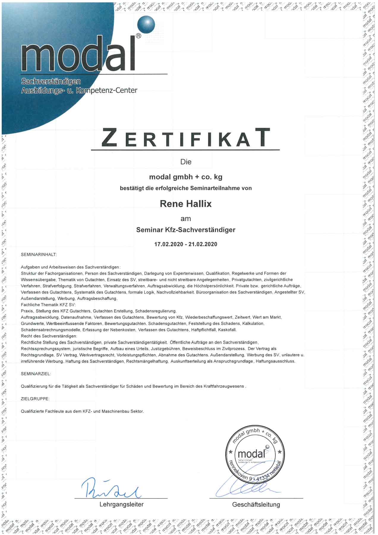 modal Zertifikat Rene Hallix - Seminar Kfz-Sachverständiger