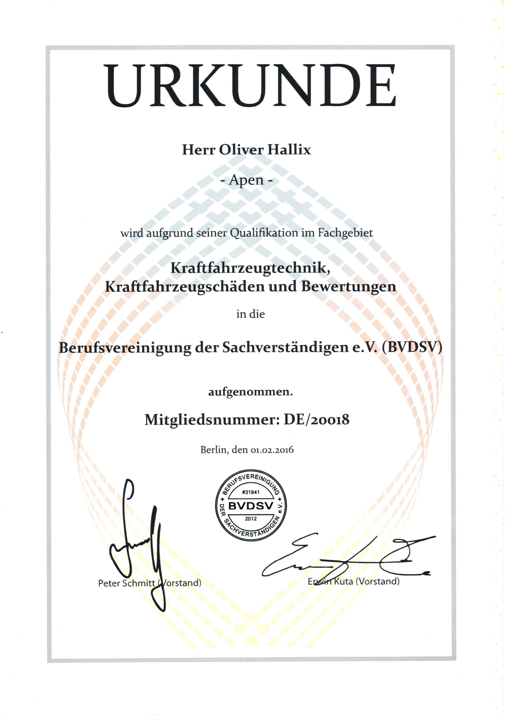 Urkunde Oliver Hallix