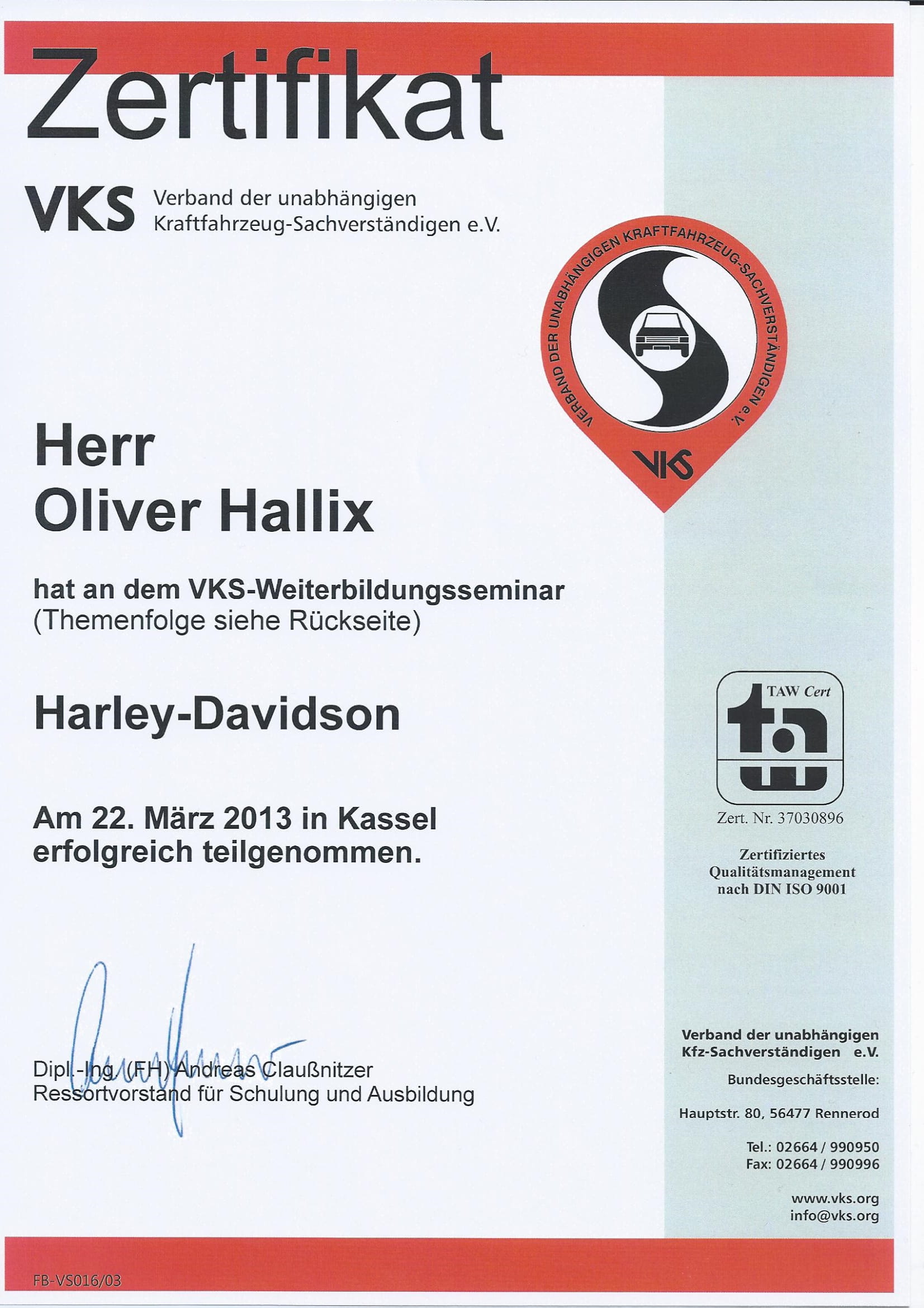 VKS Zertifikat Oliver Hallix - Harley-Davidson