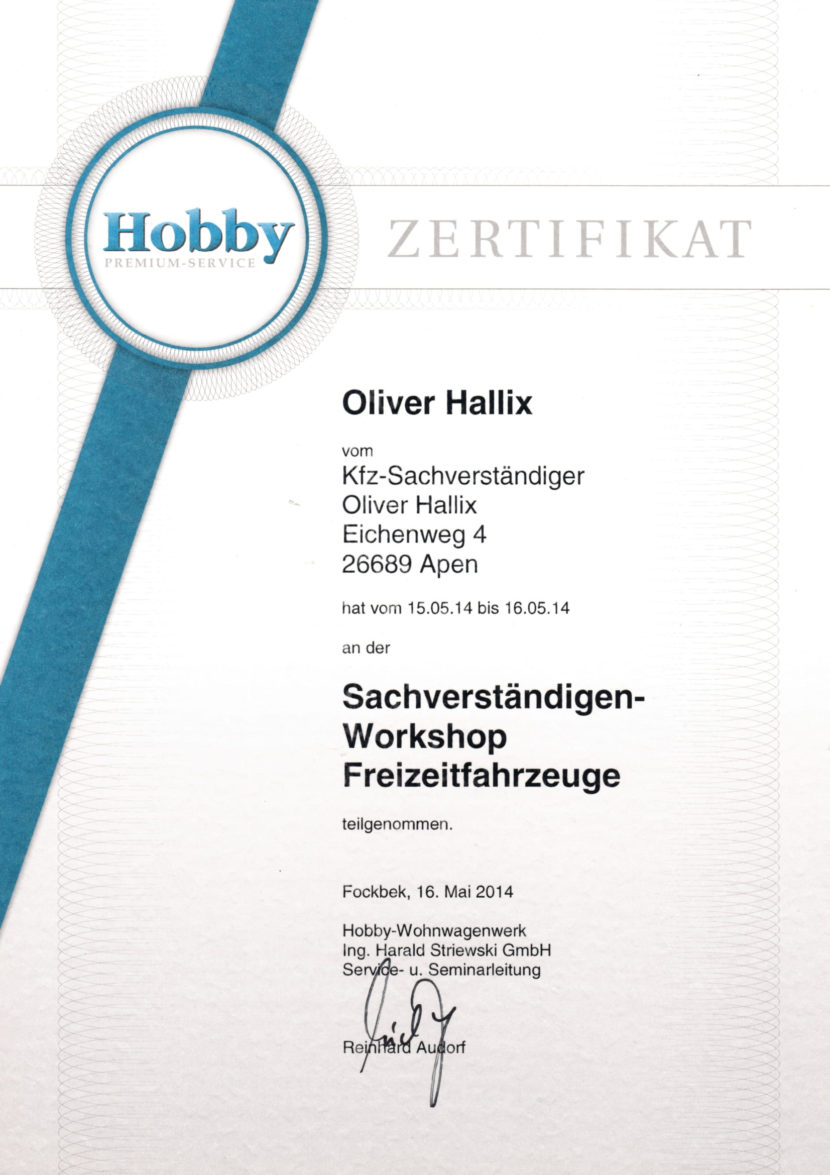 Zertifikat Oliver Hallix - Sachverständigen-Workshop Freizeitfahrzeuge